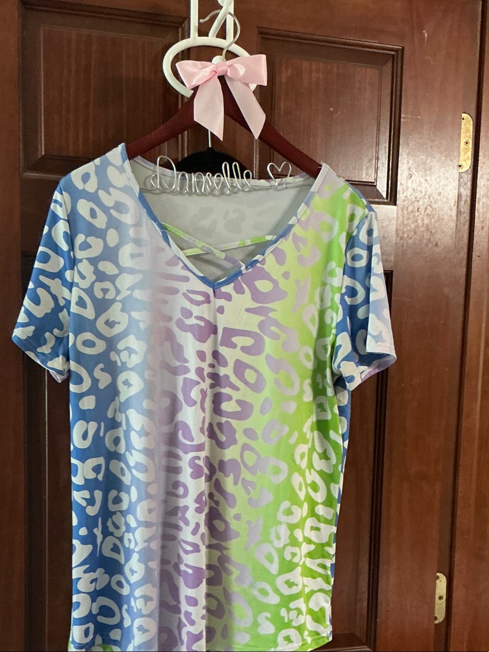 Womens Pastel Animal Print V-Neck Top with Crisscross Front